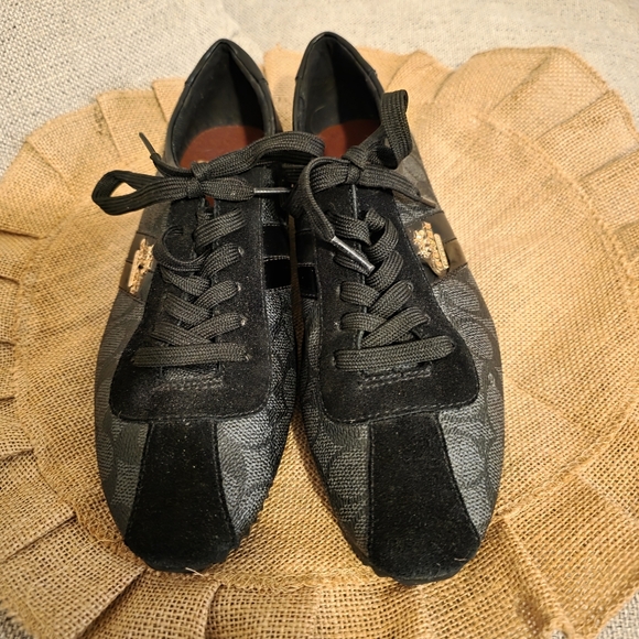 Coach Shoes - Coach Signature Ivy Leather Sneakers in black monogram pattern with suede toe